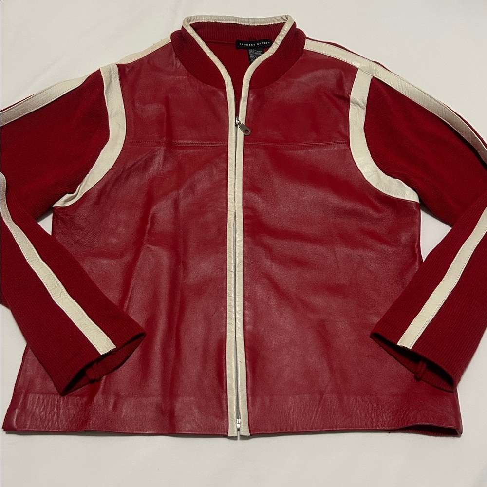 Maurice Sasson Red Genuine Leather Front Ribbed Cotton Sweater Jacket